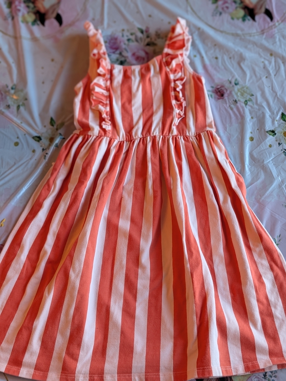 Alice & James Girls Coral and White Striped Ruffle Dress/ Size 7
